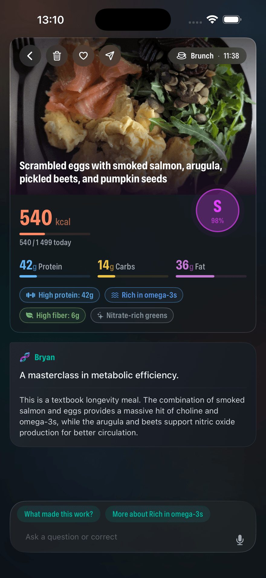 Meal analysis: S-grade brunch with macros, highlight pills, and coach feedback